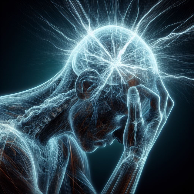 Persoon met oplichtend brein en spanningshoofdpijn.